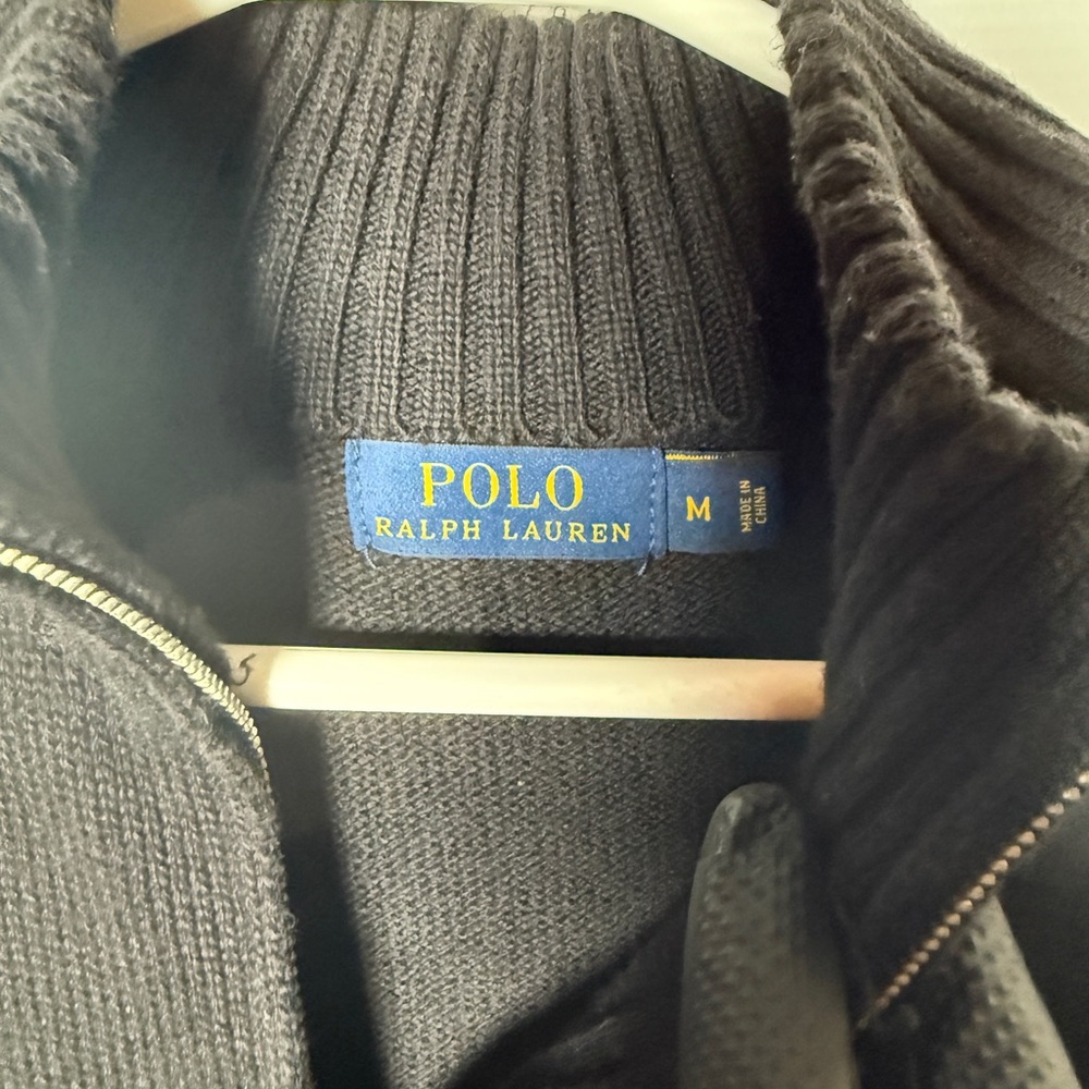 Polo Ralph Lauren Qtr Zip Sweater M Black Cotton Mock Neck Pullover Purple Pony - Picture 6 of 6